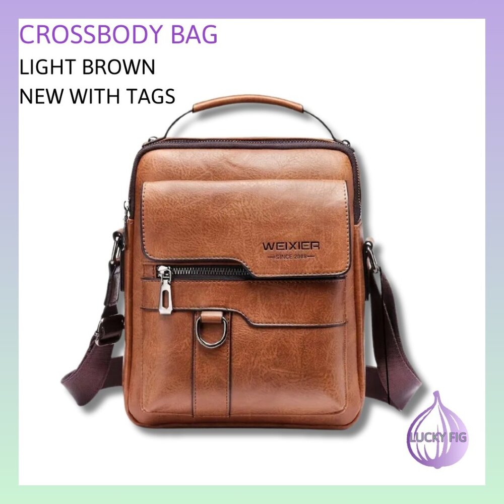 NWT Versatile Light Brown Faux Leather Crossbody Bag with Multiple Pockets